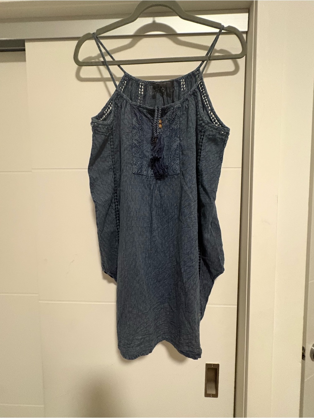 Sleeveless Blue Denim-Style Top with Tassel Trim